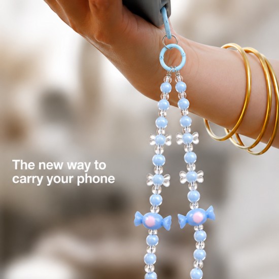 Șnur de mână pentru telefon, tip brățară, cu mărgele decorative - Albastru