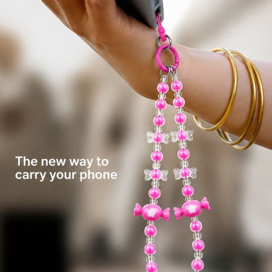 Șnur de mână pentru telefon, tip brățară, cu mărgele decorative - Roz