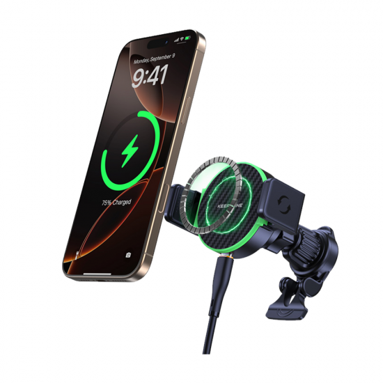 Suport auto, cu prindere in ventilatie si ventuza pentru parbriz, pentru telefon cu incarcare wireless - KEEPHONE KEVLARTAP