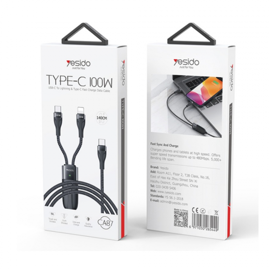 Cablu de date / incarcare rapida, 2in1, Yesido 1.4m  Type - C la Type - C, Lightning