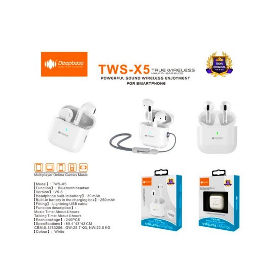 Casti wireless TW Deepbass TWS-X5 - Alb