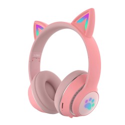 Casti On-Ear cu Bluetooth 5.1 cu microfon, iluminare RGB - Cat Ear L550 - Roz
