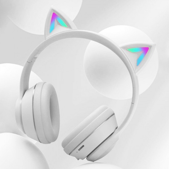 Casti On-Ear cu Bluetooth 5.1 cu microfon, iluminare RGB - Cat Ear L550 - Alb