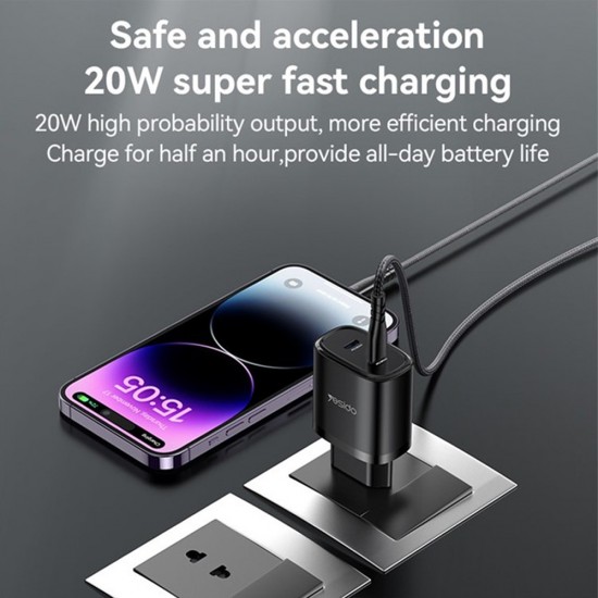 Incarcator Yesido YC56 Fast Charger 20W plus cablu 1.2m - Negru