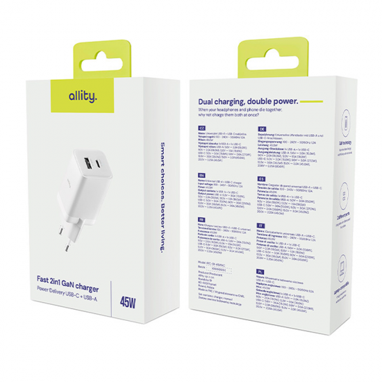 Incarcator Allity Type-C Plus USB-A 45W - Alb