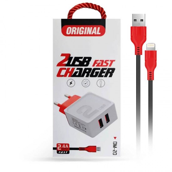 Incarcator de priza DM-20 - Fast Charge 2.4A 2xUSB + cablu pentru iPhone - Alb