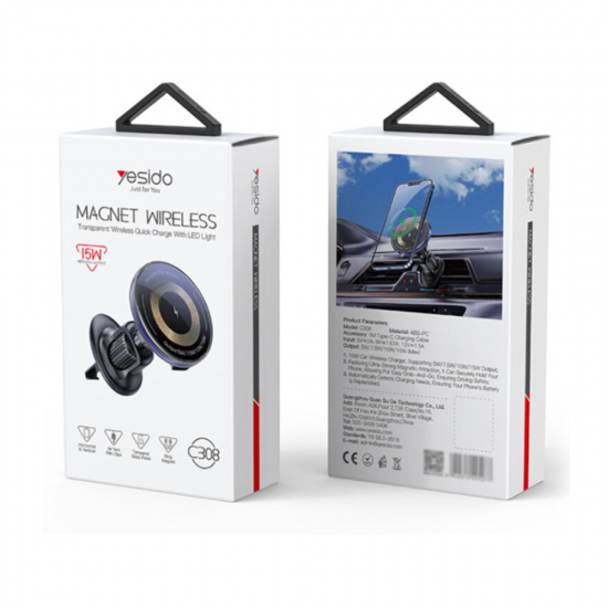 Suport auto magnetic, cu prindere pentru grila de ventilatie, pentru telefon cu incarcare Wireless - Yesido C308