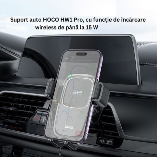 Suport auto grila ventilatie pentru telefon cu incarcare Wireless Hoco HW1 - Negru